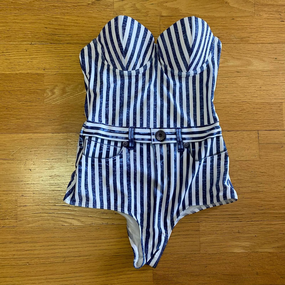 Guess Denim Inspired Striped One Piece Strapless Beach Swimsuit